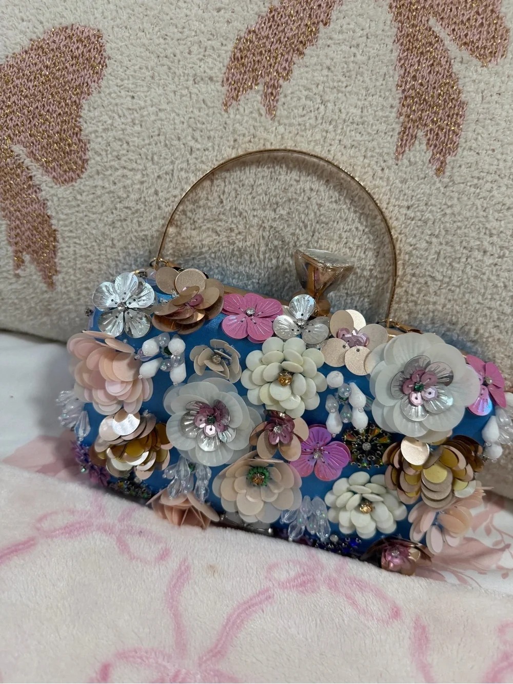 bebe Blue Floral Appliqué Evening Clutch